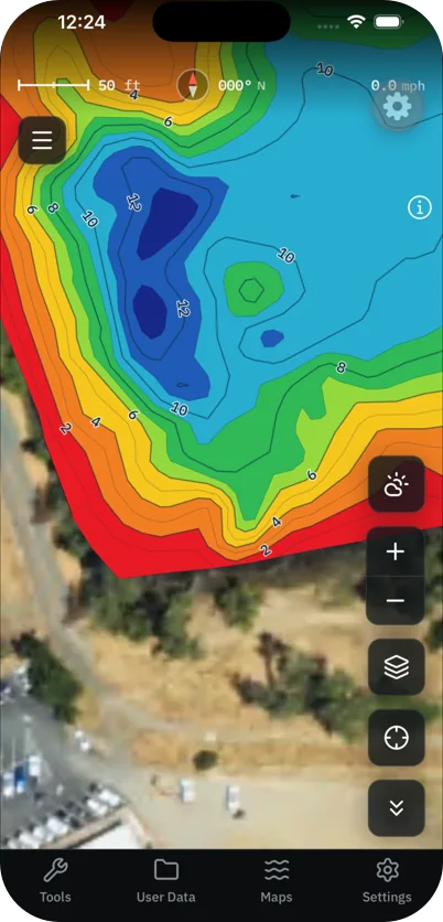 The Depthrix app showing a lake depth chart: colored depth bands with contour labels in feet over satellite imagery